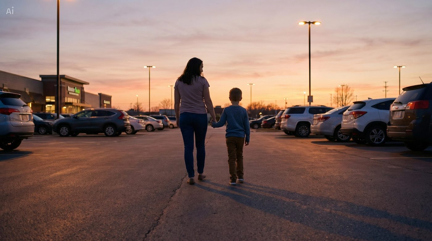 A mother and child walking through a parking lot at dusk