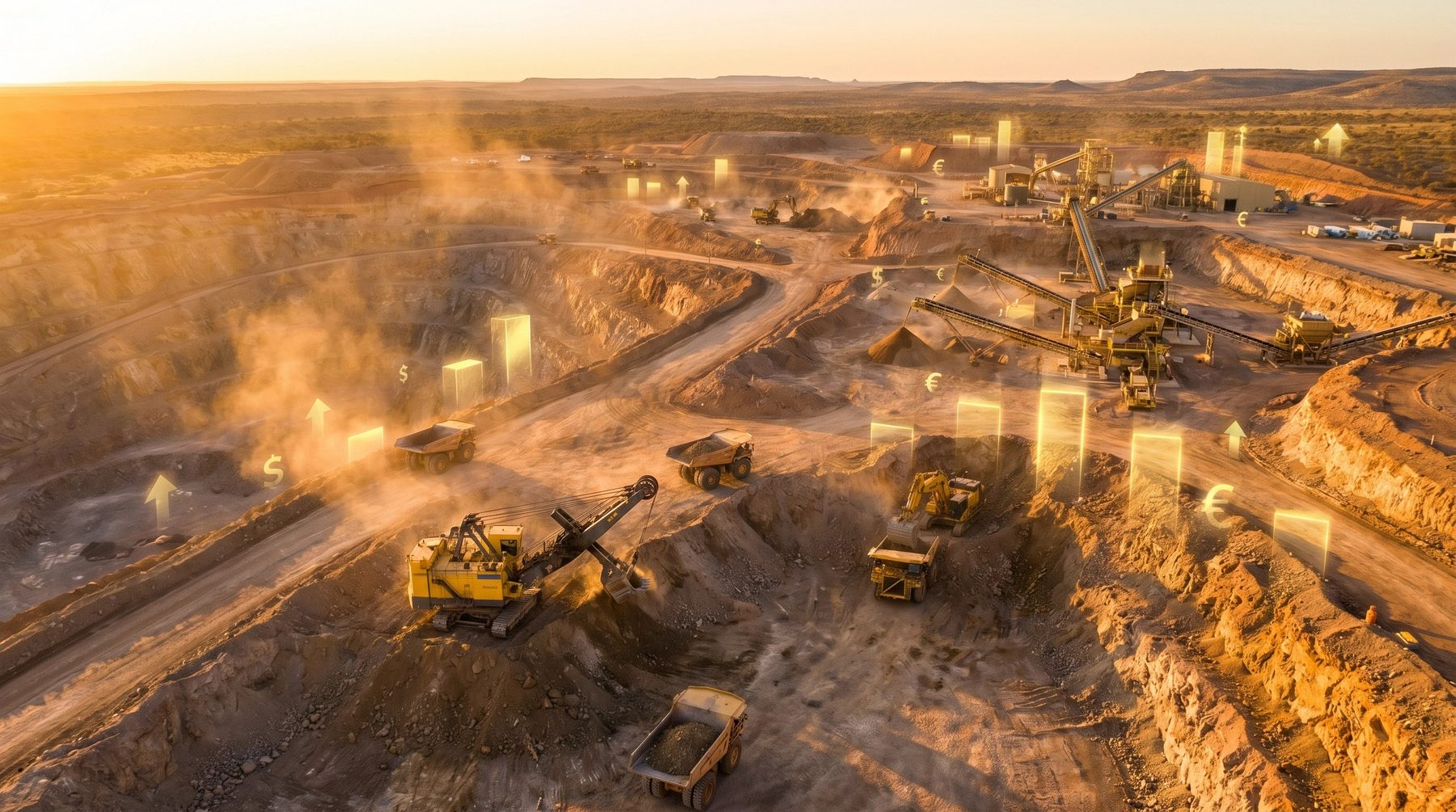 Aerial view of an active gold mine at sunset with capital symbols representing investment flow